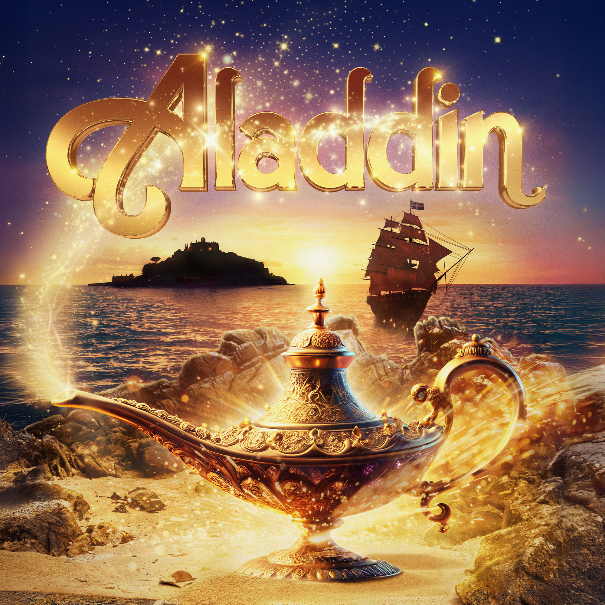 Aladdin title with magic lamp in the foreground, St Michael's Mount in the background.