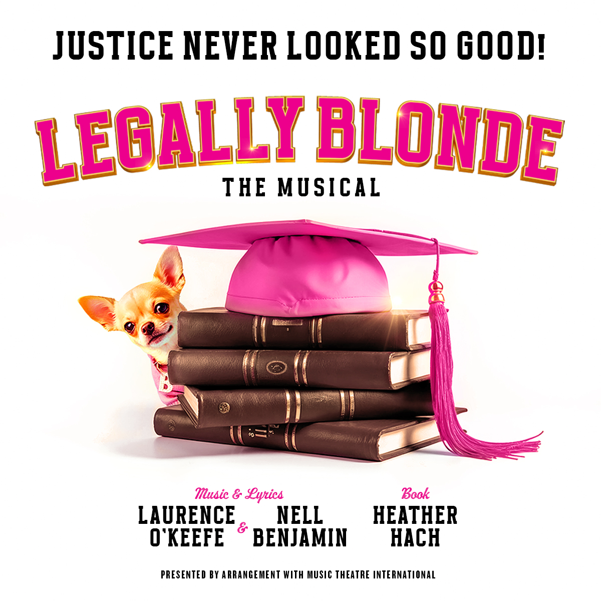 "Legally Blonde: The Musical" featuring a chihuahua peeking from behind a stack of law books topped with a bright pink graduation cap, with the tagline "JUSTICE NEVER LOOKED SO GOOD!"