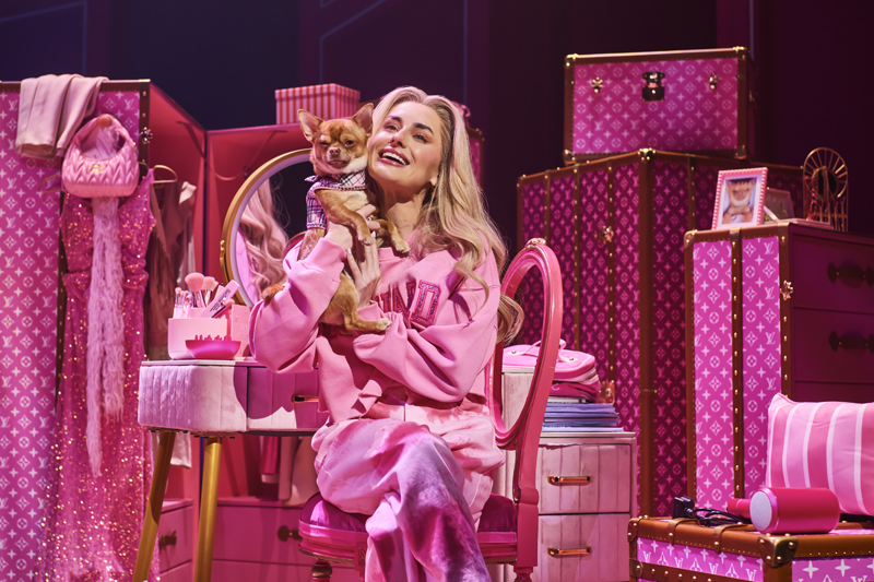 Amber Davies, a white woman in her 20s dressed all in pink as Elle Woods from Legally Blonde, holding a chihuahua