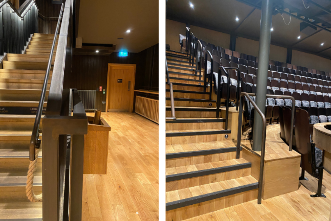 An image of two photographs of stairs in the Cornwall Playhouse auditorium. One of the Balcony level stairway on the righthand side, with a door to the toilets towards the back, and one of the Circle level, with stairs that run up alongside the tiered seating, up to the back wall. 