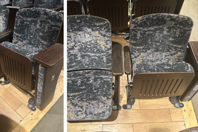 A photograph of a seat in the Cornwall Playhouse auditorium from various angles. You can see the seat number plaque on the floor next to the feet. These chairs will flip-up when not sat in, and the image demonstrates this with one photo showing the seat down, and one up. 