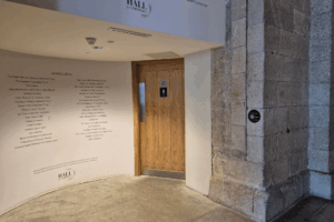 A photo of a small alcove into the wall at Hall for Cornwall, where a brown door sits on the right to the women's toilets.