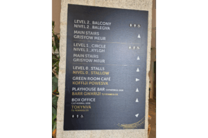 A black sign on a stone pillar, written with Cornish translation underneath each line. It reads: LEVEL 2 BALCONY (with male, female and disabled toilets) and MAIN STAIRS straight ahead. LEVEL 1 CIRCLE (with male, female, and disabled toilets) and MAIN STAIRS straight ahead. LEVEL 0 STALLS straight ahead. GREEN ROOM CAFE, PLAYHOUSE BAR (cathedral side) right. BOX OFFICE (cathedral side) straight ahead, and male, female and disabled toilets straight ahead to your right.