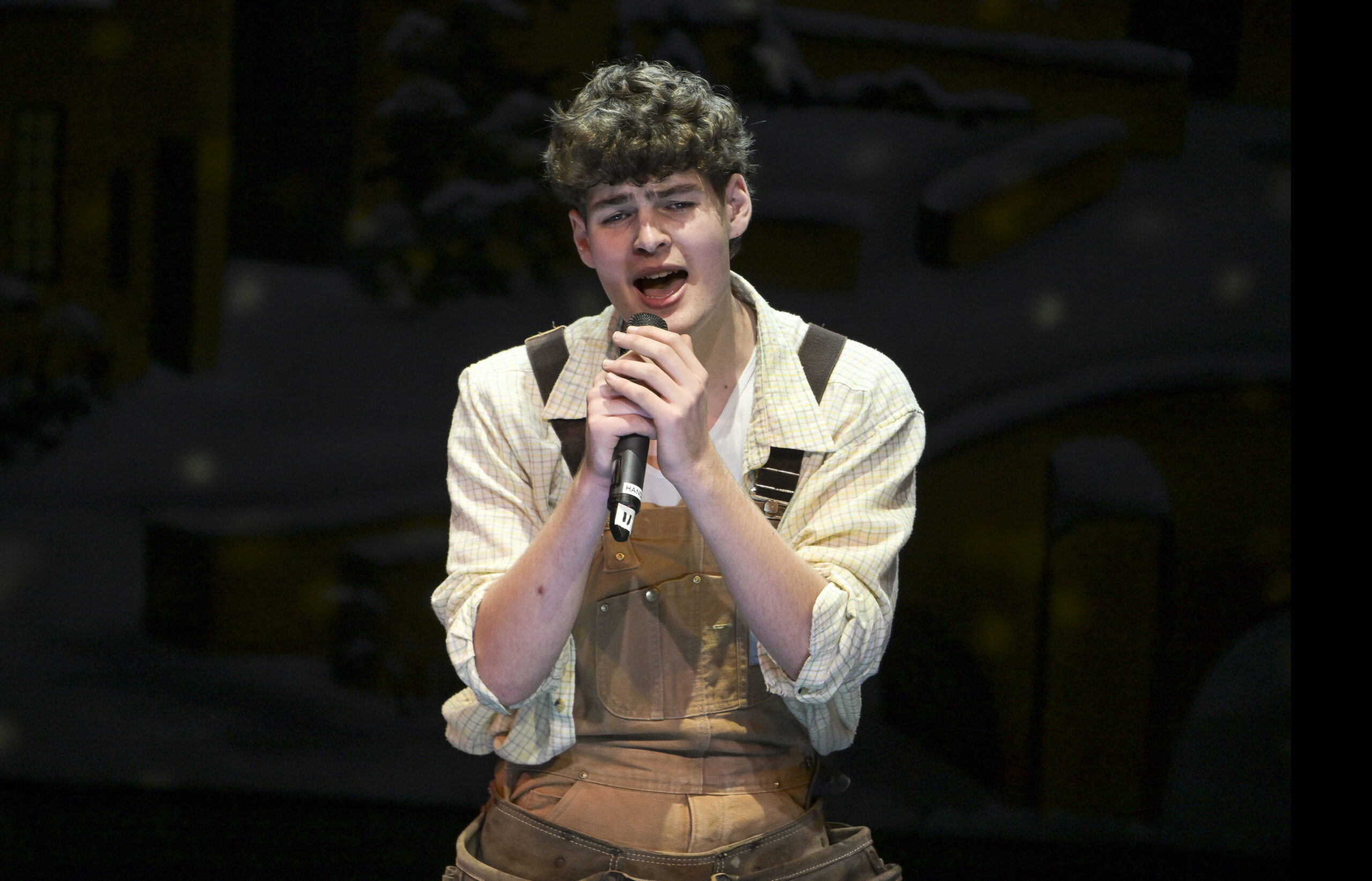 A teenage boy, white with brown curled hair, sings into a microphone